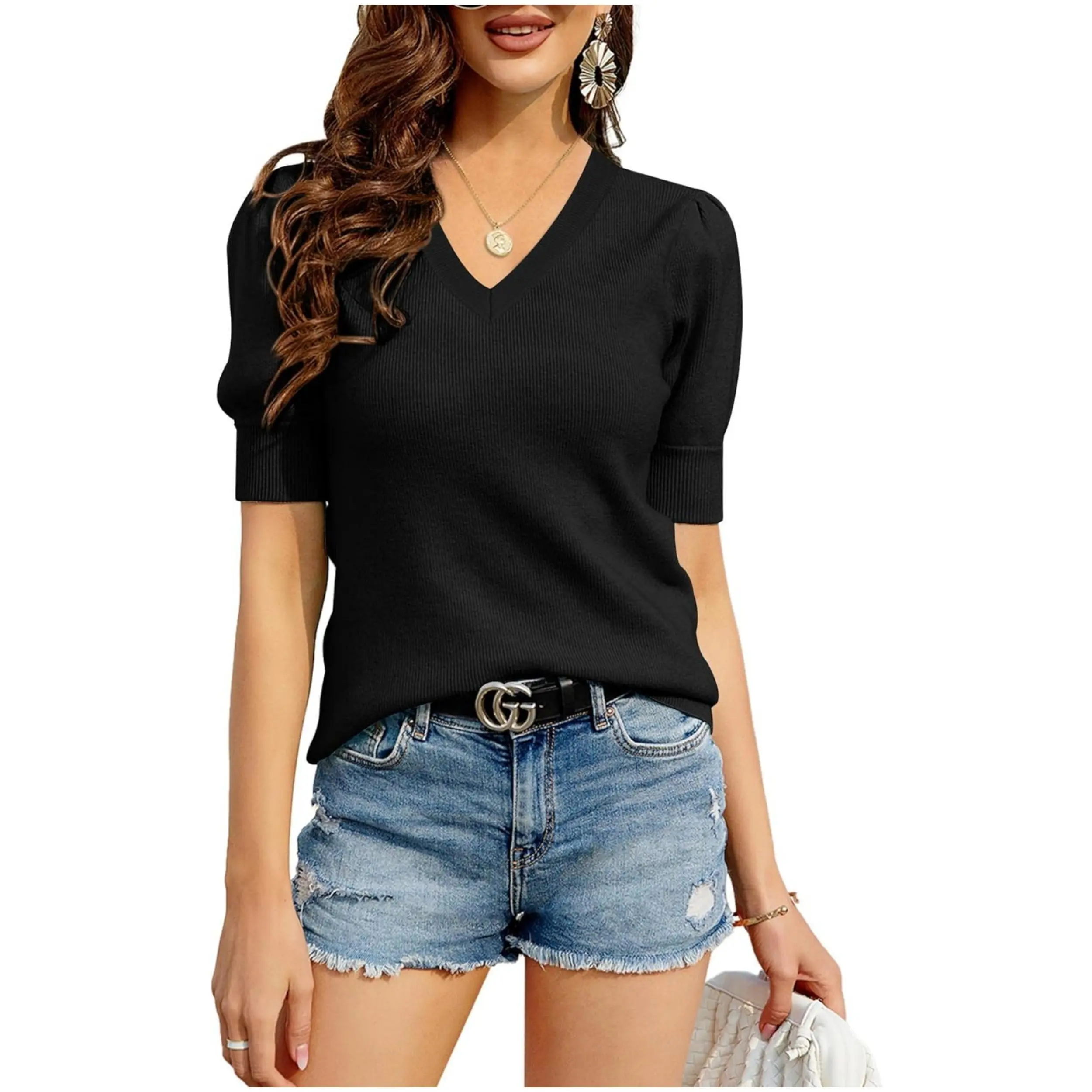 Imily Bela Womens Puff Short Sleeve Sweater V Neck Pullover Tops Ribbed Knit Sweater Blouse