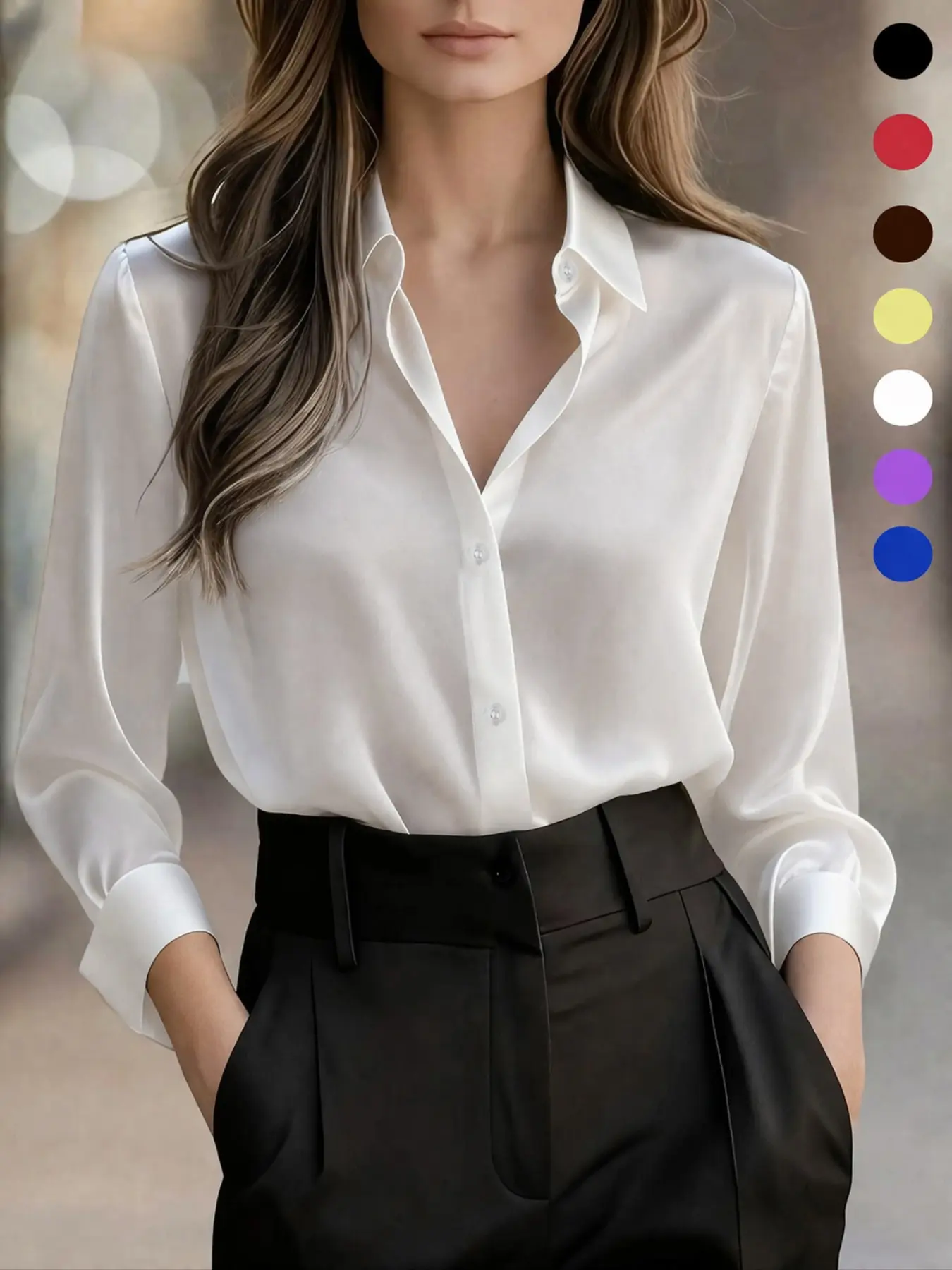 New Casual Button Up Versatile Shiny Satin Long Sleeve Button-Down Fitted Shirt Blouse, Women's Fashionable Clothing for All Seasons, Casual Collared Top, Casual Buttons Collared, Womenswear