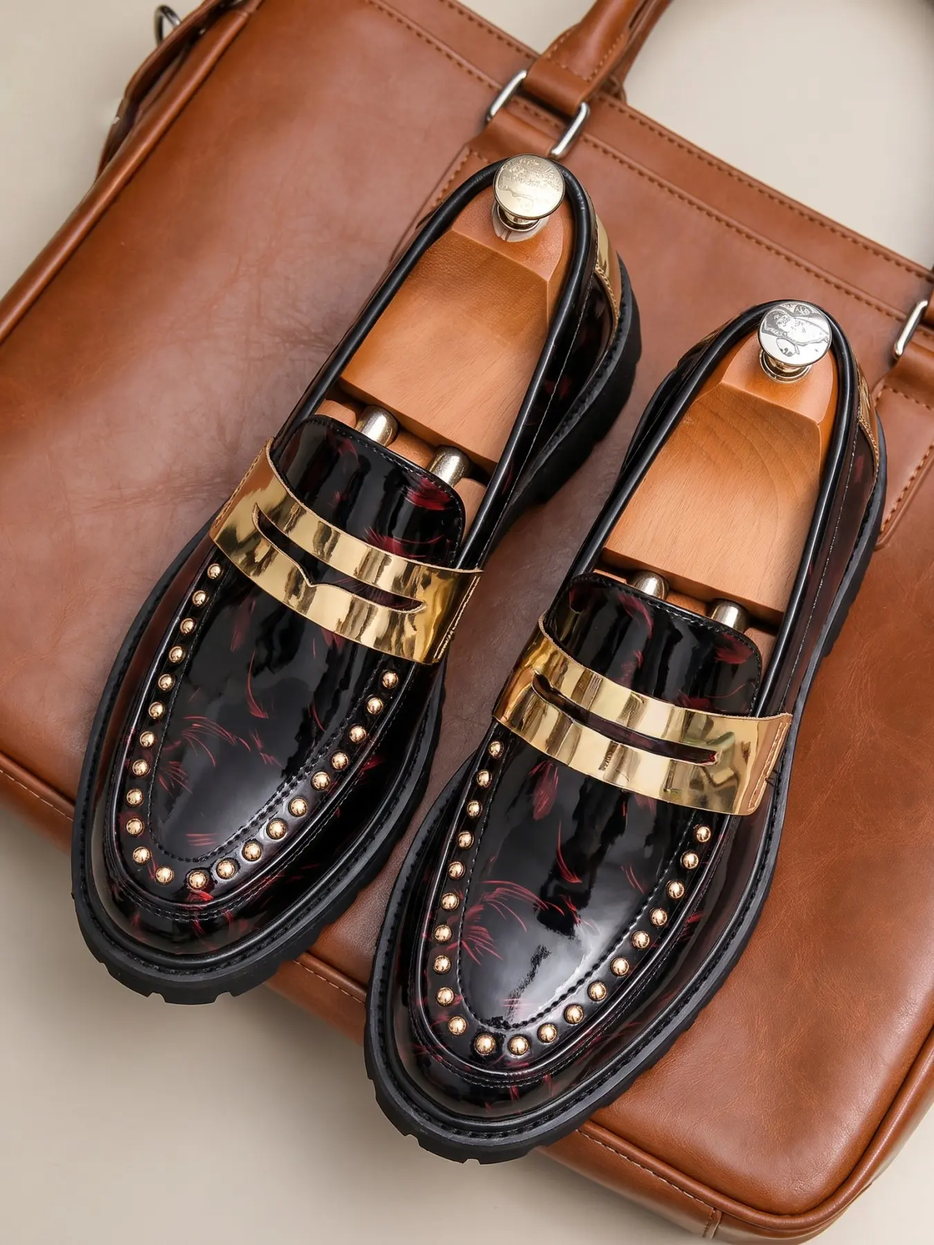 Men Fashion Black Red Floral Patent Leather Penny Loafers, Luxury Gold Metal Buckle & Rivet Decor Slip On Dress Shoes, Non Slip Thick Sole Business Casual Footwear For Party Wedding Daily Wear Shop Now