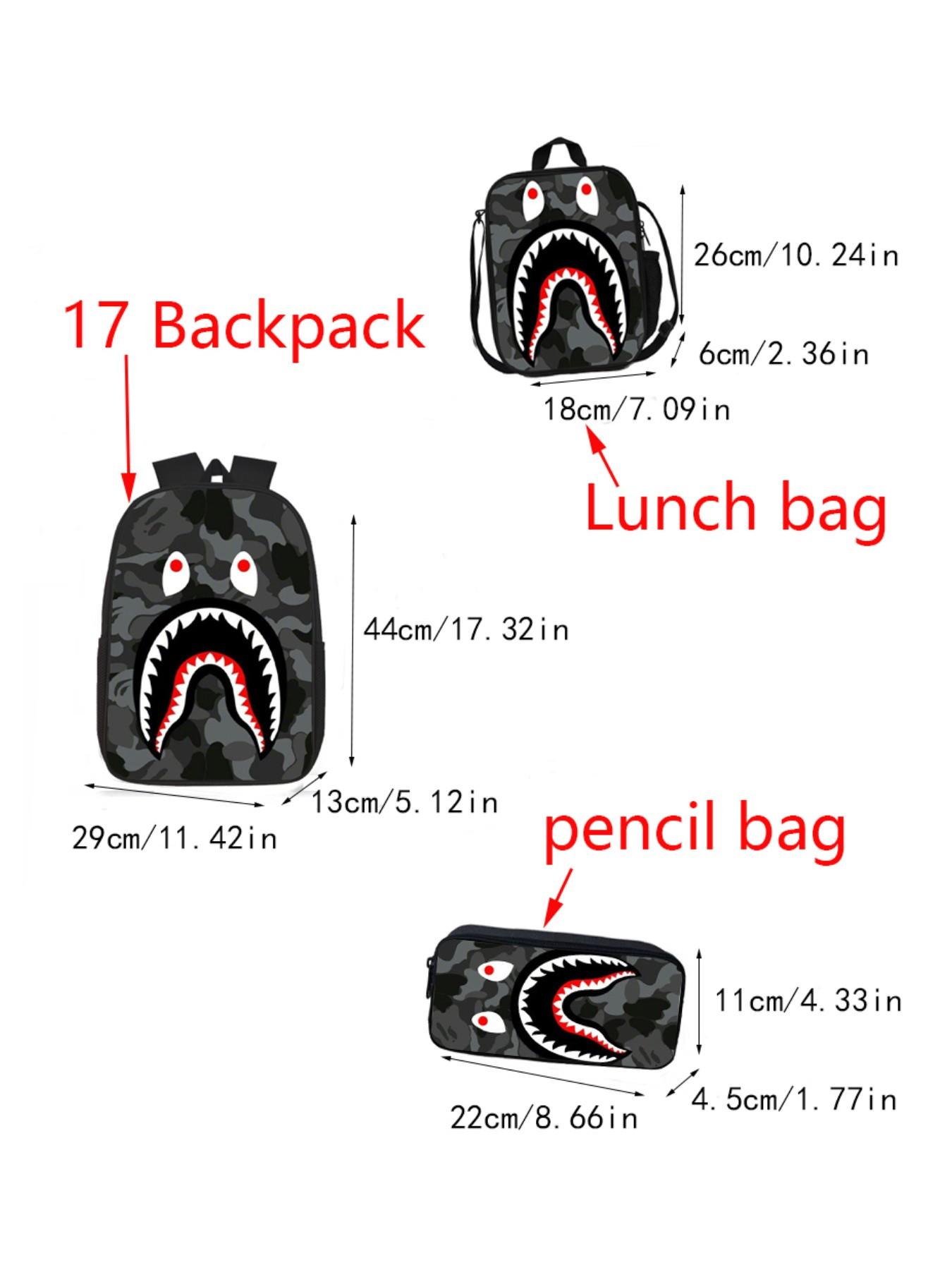 Shark Mouth Backpack Set, Camouflage Student School Bag, Large Capacity Campus Backpack for Boys and Girls, 3-Piece Set