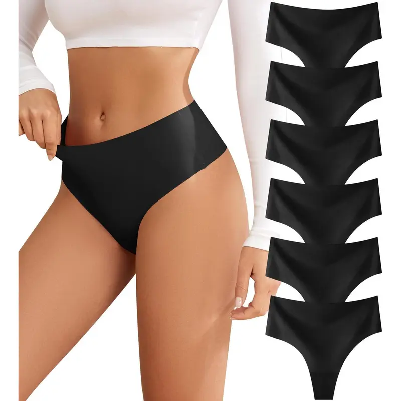 Women's 6-Pack High-Waisted Seamless Minimalist Thongs - Cotton Underwear with Seamless Fit, Smooth Lines, Yoga-Ready Flex, Breathable Design, Cold Wash Compatible