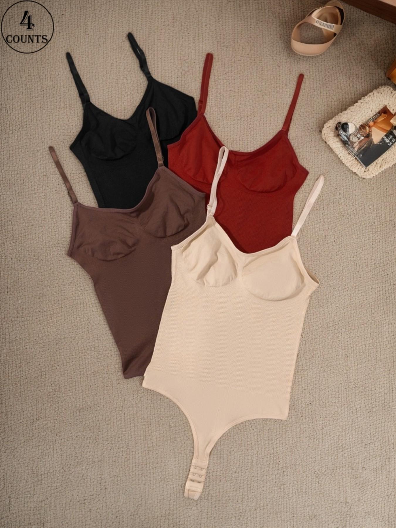 4-Piece Women's Ribbed V-Neck Bodysuit with (Sizes S-XXL) – Adjustable Thin Straps & Multi-Row Back Closure – Black/Wine Red/Brown/Apricot/Green/Blue/Pink – Suitable for Daily Wear, Commute & Layering