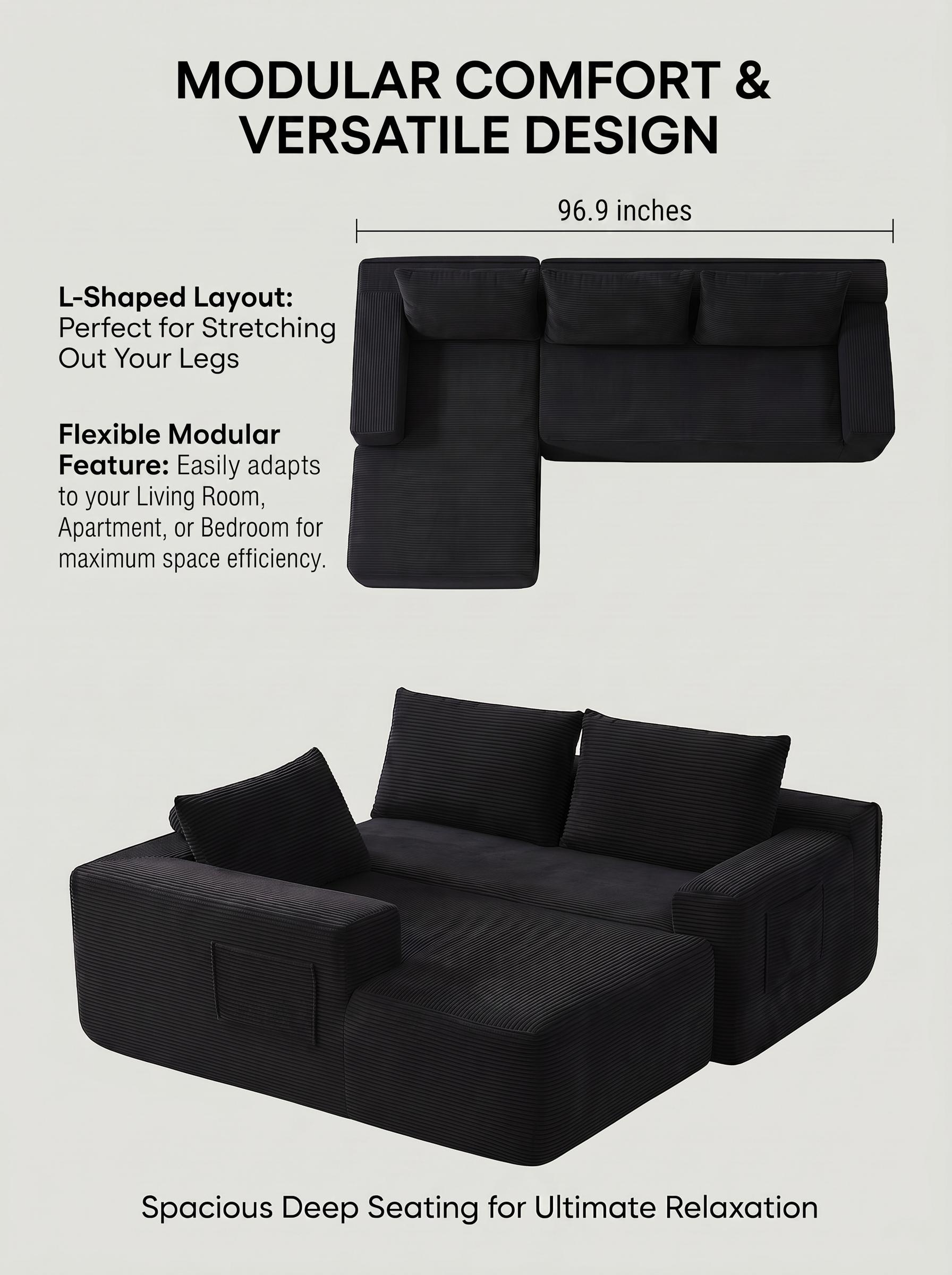 Modern L-Shaped Armless Modular Sectional Couch,Living Room Cloud Sofa with Recliner,Ergonomic Support,Convenient Storage,Premium Corduroy Fabric,Spring-Foam Hybrid Filling,Easy Installation,Boneless Design,Outdoor Leather Ottoman furniture couch bean bag