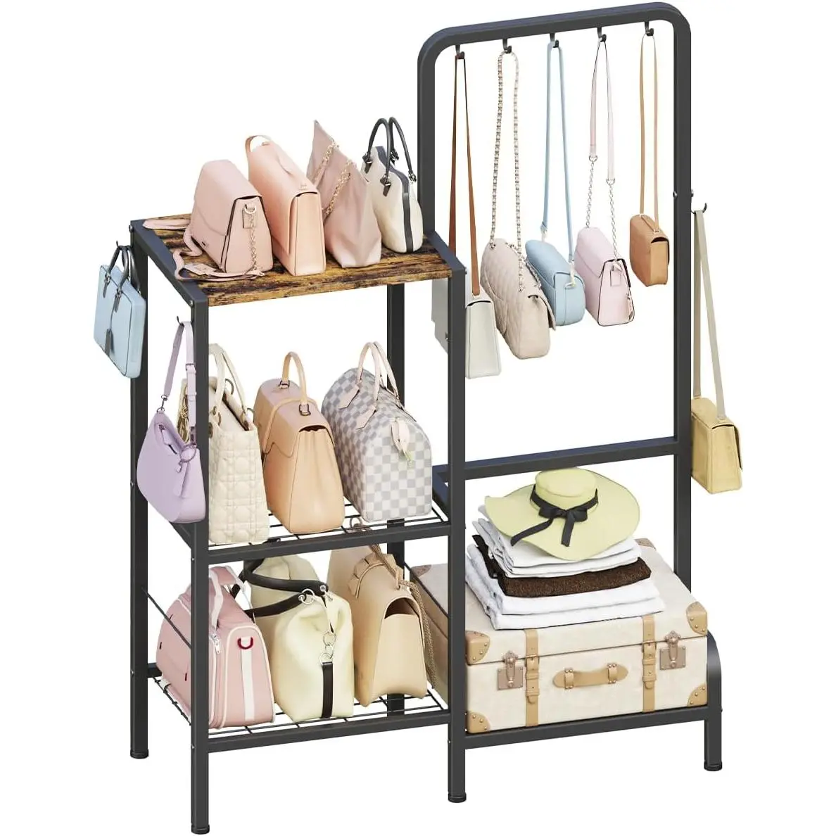 Floor-Standing 3-Tier Purse Organizer, High-Capacity Bag Holder with 8 Hooks, Multi-Functional Purse Rack for Various Bags, Handbag Display Stand Shelf for Closet, Bedroom, Entryway, Black