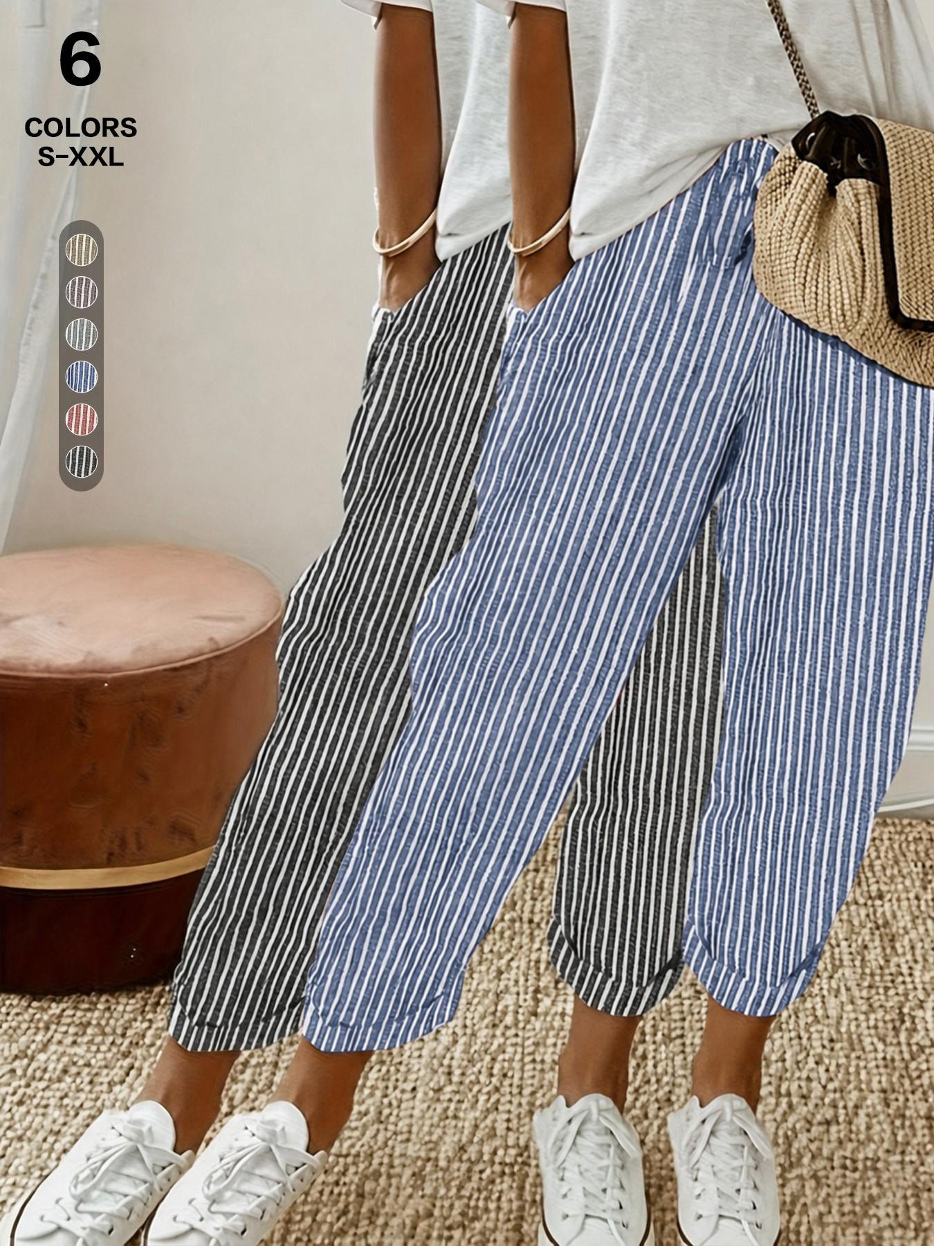Women 2026 New Arrival Vertical Striped Linen Blend Cropped Pants, High Waist Drawstring Cuffed Casual Capri Trousers with Pocket, Summer Loose Fit Beach Everyday Jogger Pants, All Season, Casual Style Bottoms