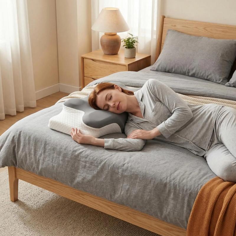 Ergonomic Bed Pillow with Cool Touch Cover, Contour Memory Foam Neck Support, Odor-Free Core, Ideal for Side, Back, Stomach Sleep, Contoured Memory Foam