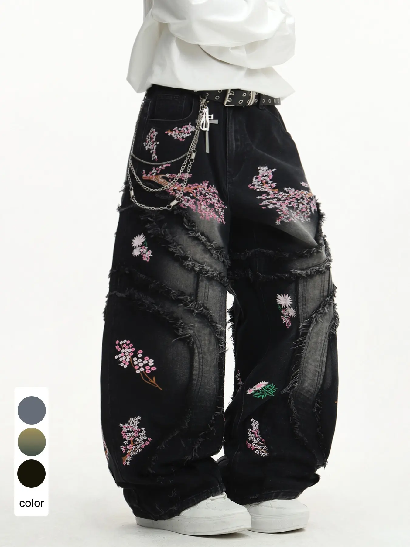Vintage Retro Design Jeans, Loose-Fit Embroidered Flower Patchwork, Street Style Long Pants for Men, No Belt Included, Embroidered Casual Jeans