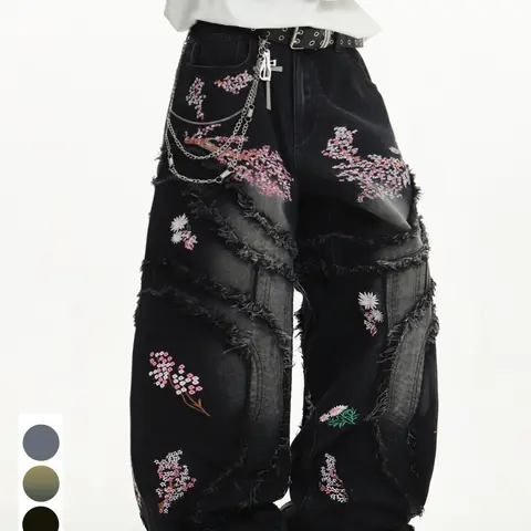 Vintage Retro Design Jeans, Loose-Fit Embroidered Flower Patchwork, Street Style Long Pants for Men, No Belt Included, Embroidered Casual Jeans