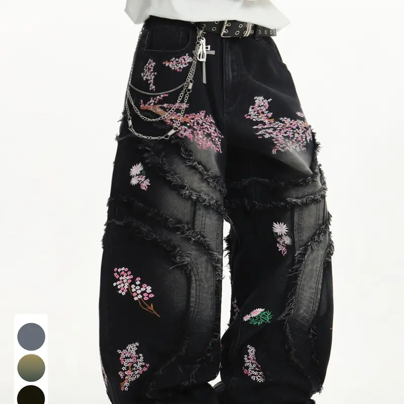 Vintage Retro Design Jeans, Loose-Fit Embroidered Flower Patchwork, Street Style Long Pants for Men, No Belt Included, Embroidered Casual Jeans