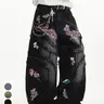 Vintage Retro Design Jeans, Loose-Fit Embroidered Flower Patchwork, Street Style Long Pants for Men, No Belt Included, Embroidered Casual Jeans