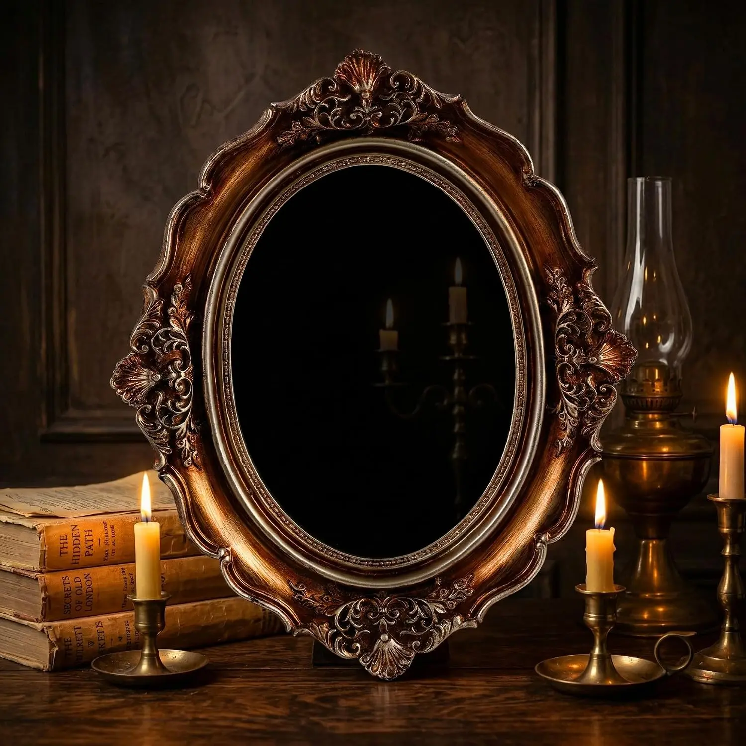 Black Obsidian Mirror,  Gothic Frame Obsidian Scrying Mirror
