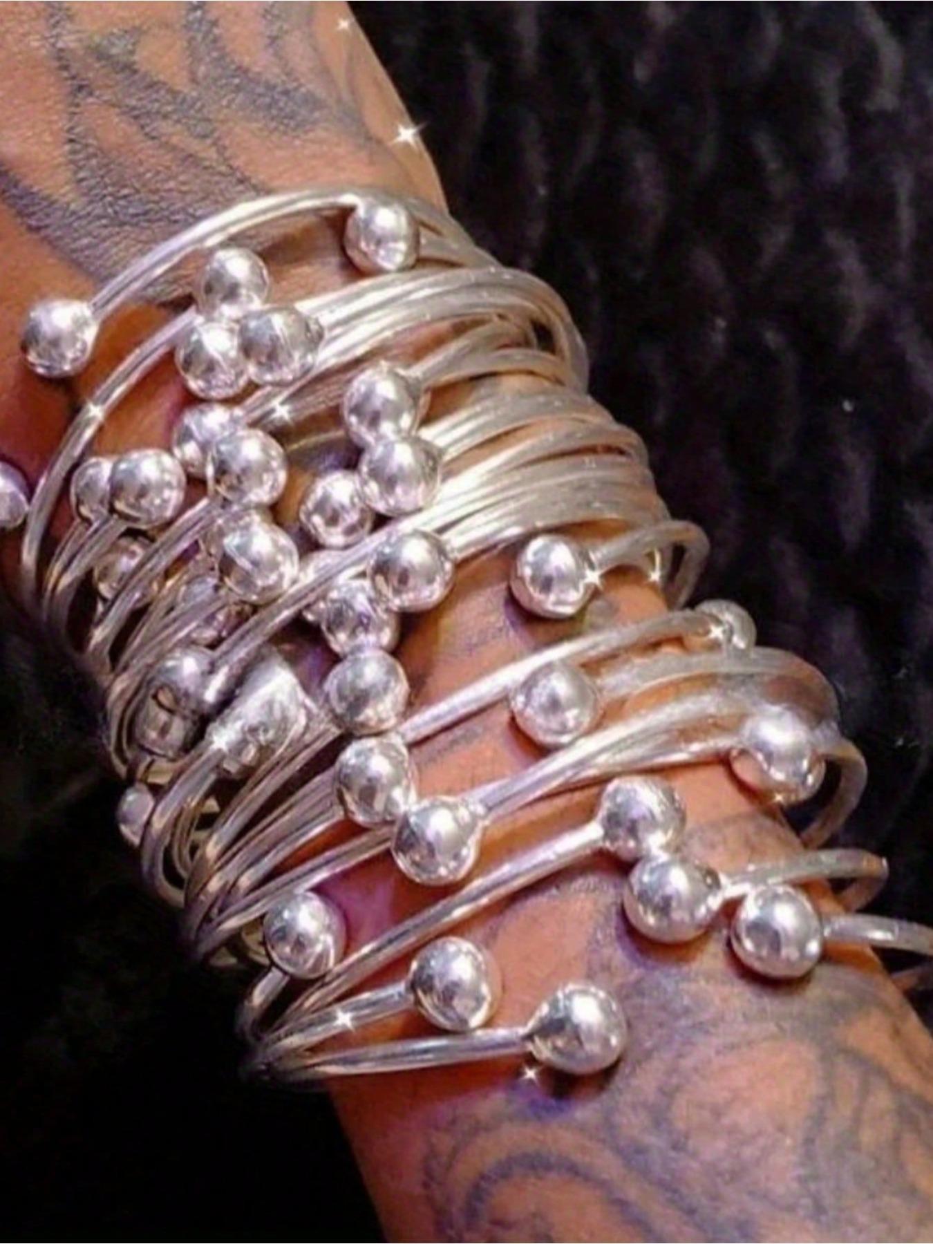 5pcs/10pcs Retro Boho Thick Bangles, 10mm Ball Silvery Golden Rose Golden Bangles Bracelet, Boho Trendy Stack Bangle Stacking Bangles, Handmade Silvery Bangles for Women Daily Party Jewelry Gifts