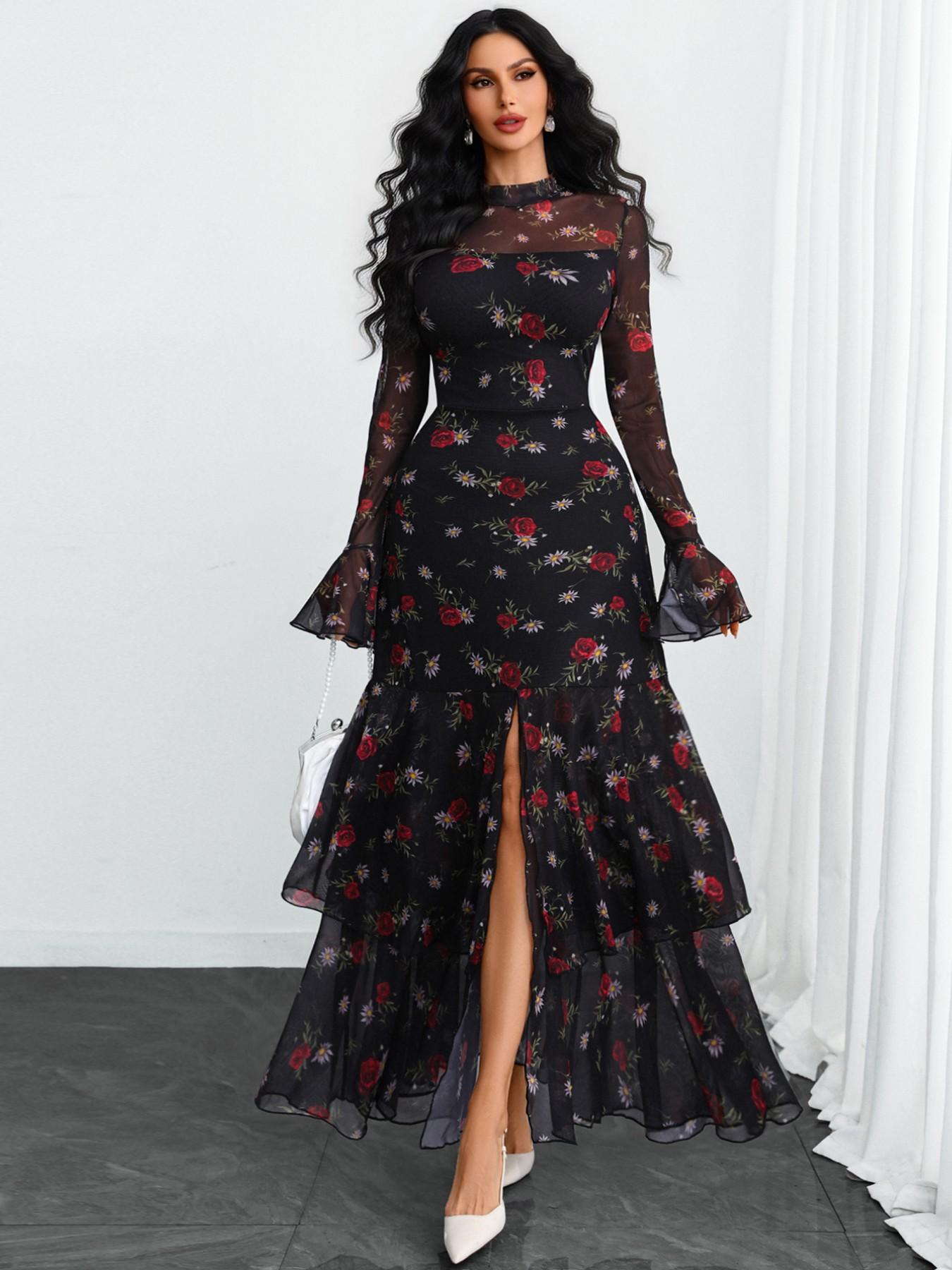 Women's Romantic Polka Dot Split Mesh Patchwork Layered Elegant Flared Skirt Dress, Fitted Style, All Seasons, No Waistband Included