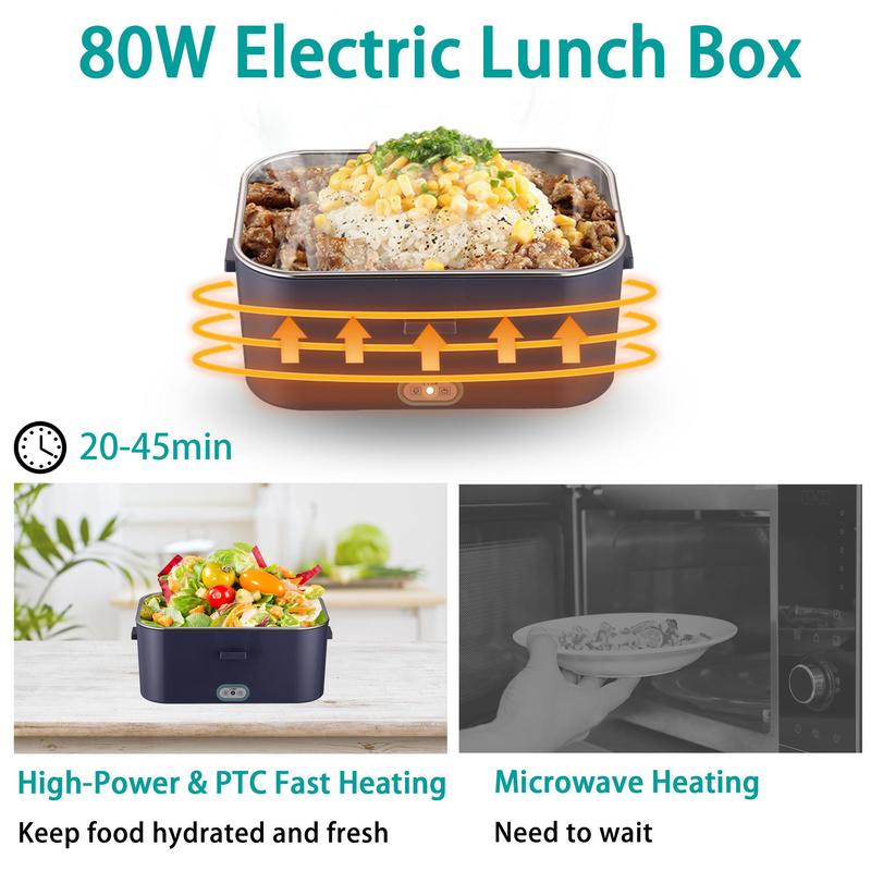 Nifogo Black Friday Electric Lunch Box Portable Food Heater for Adults 110V/12V/24V 1.8L 304 Stainless Steel with Fork Spoon & Bag Tableware Classic Black