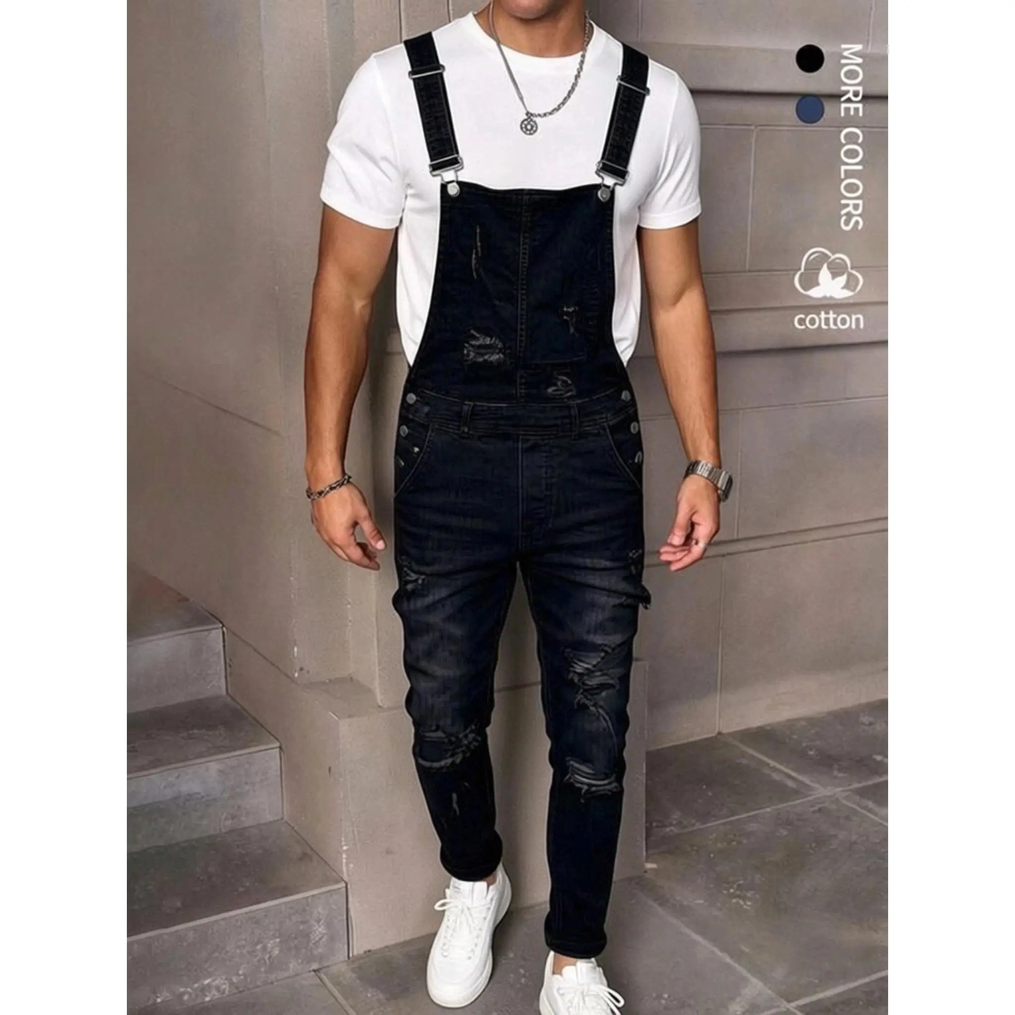Men's Fashion Slim Fit Denim Jumpsuit, High Cotton Content Stretch Jean Fabric, Adjustable Straps & Multi Pockets, Ripped Distressed Detail, Utility Workwear Overall, All Seasons Casual Washed Harem Jumpsuit for Streetwear & Daily Wear