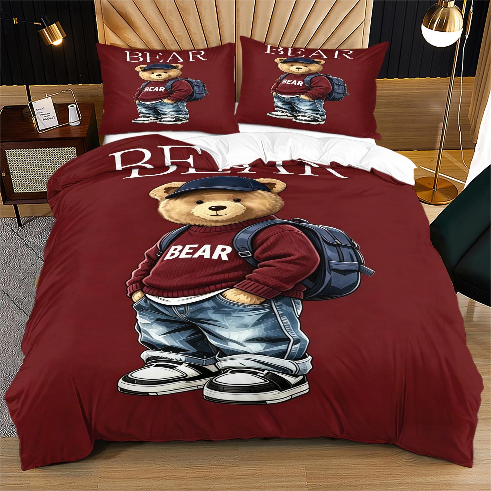 Handsome teddy bear printed pattern duvet cover set, including 1 duvet cover and 1 or 2 pillowcases, without a core or pillow, suitable for bedroom or dormitory bedding set, suitable for gift giving or personal use, Bedroom Decor