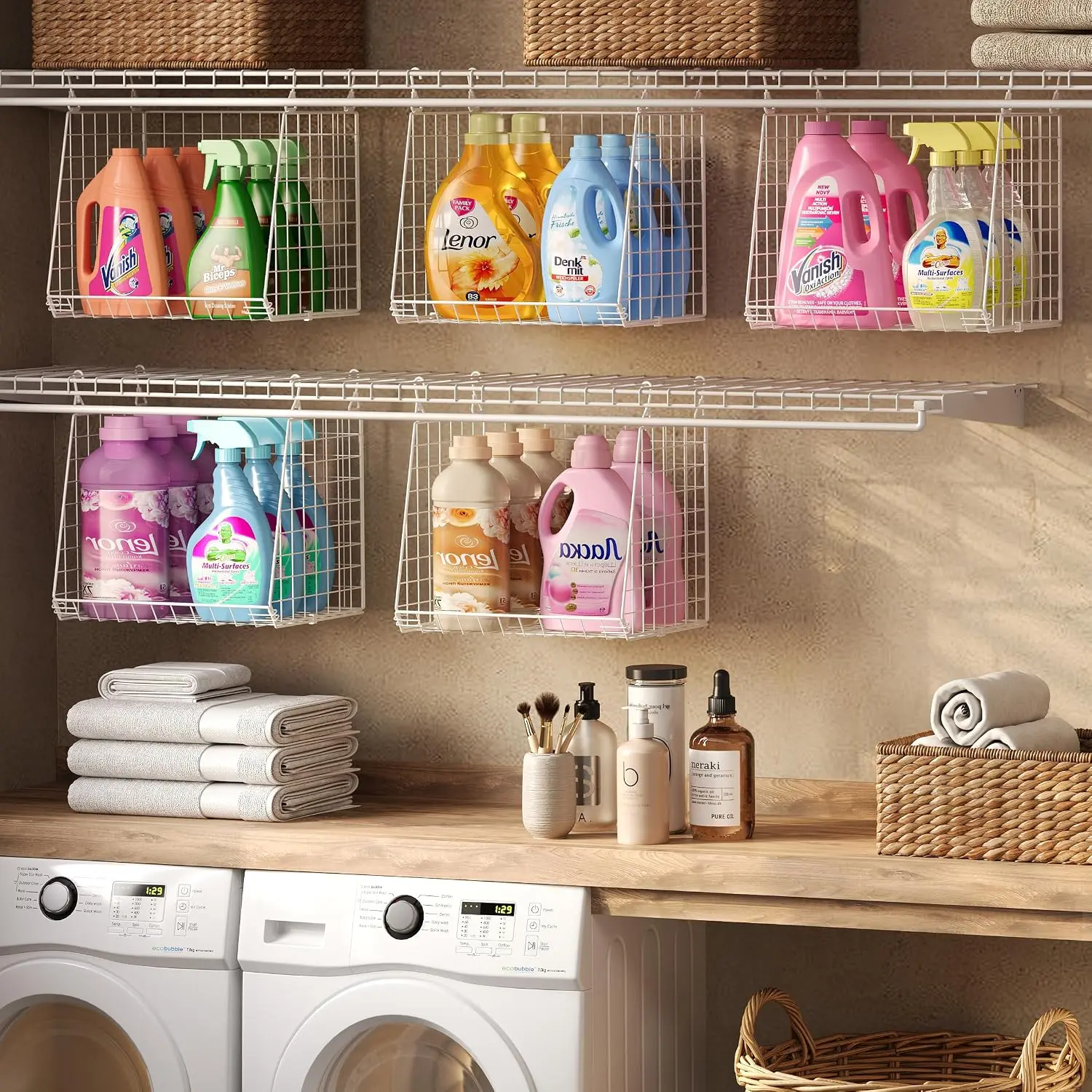3-Pack 13.6" Tall Hanging Laundry Basket Organizer, Foldable Wire Shelf with 360° Rotating Hooks & Reinforced Height, Durable Space Saver for Laundry Room & Closet, White, Hanging Baskets
