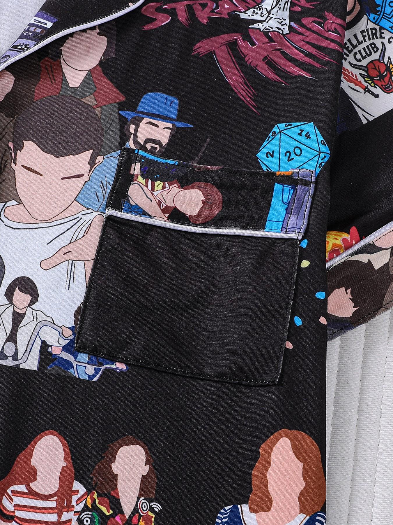 Women's 2-Piece Stranger Things Print Lapel Pajama Set, Short Sleeve Button Down Top with Pocket & Elastic Waist Shorts, Soft Comfy All-Season Loungewear, Casual Sleepwear for Ladies Home Daily Wear