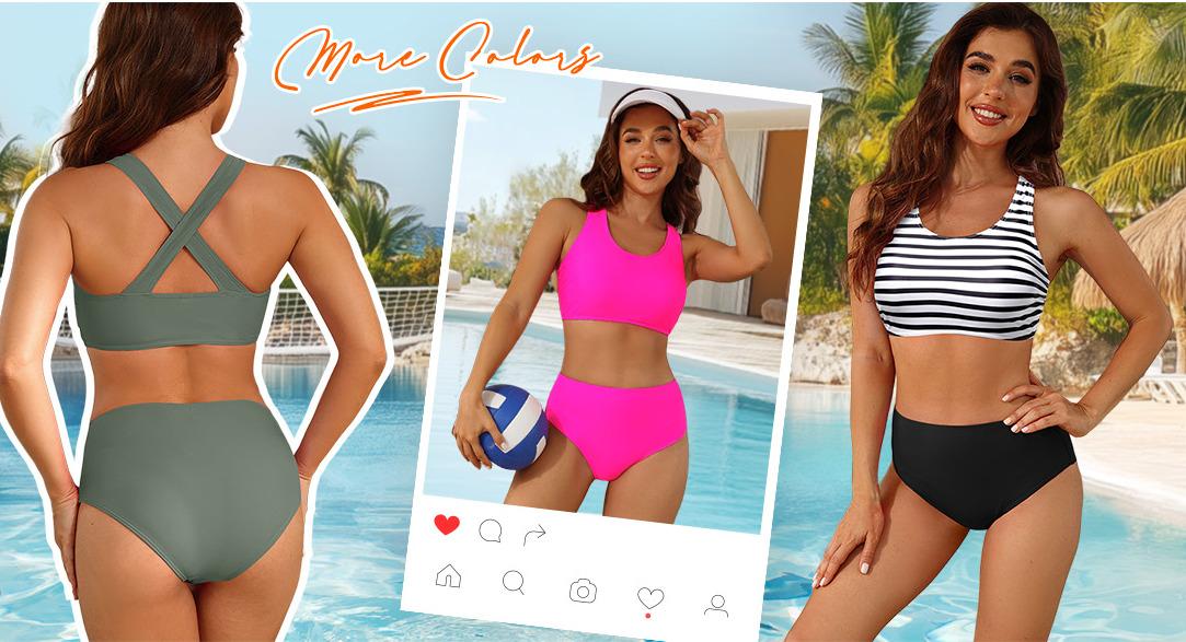 Holipick Women High Waisted Two Piece Bikini Sports Crop Top Swimsuit Scoop Neck Bathing Suit for Teen Girls with Bottom