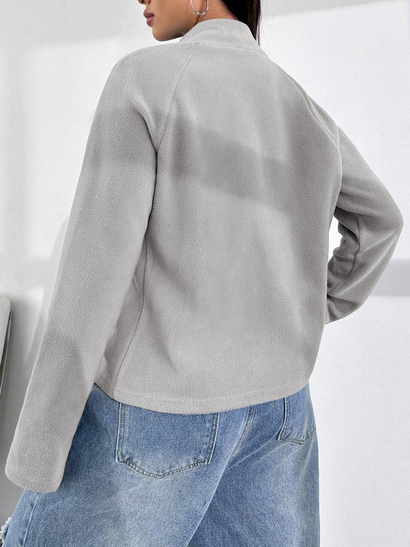 Women's Solid Raglan Sleeve Zip Up Polar Fleece Jacket, Casual Long Sleeve Stand Collar Outerwear for Spring & Fall, Ladies Clothes for Daily Wear