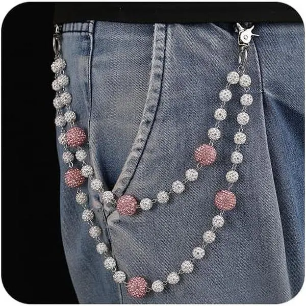 Hop Wallet Chain for Men Jeans Pocket Belt Layered Chain Disco Rhinestone Beads Baseball Drip Punk  Gifts Goth Accessories for Men