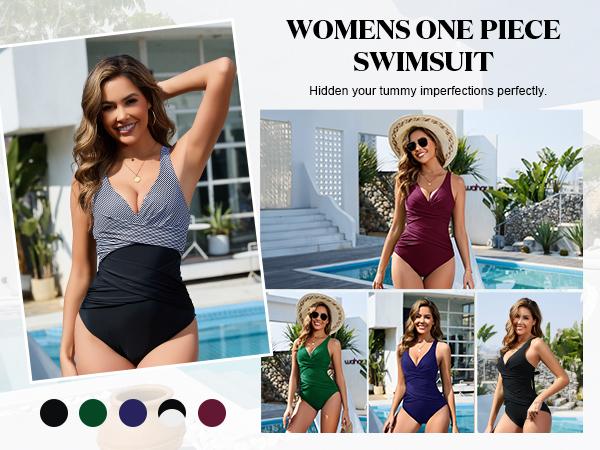 UMIPUBO Womens Tummy Control Swimsuits One Piece Bathing Suit Front Cross Tie Back Slimming Ruched Push Up Padded Swimwear