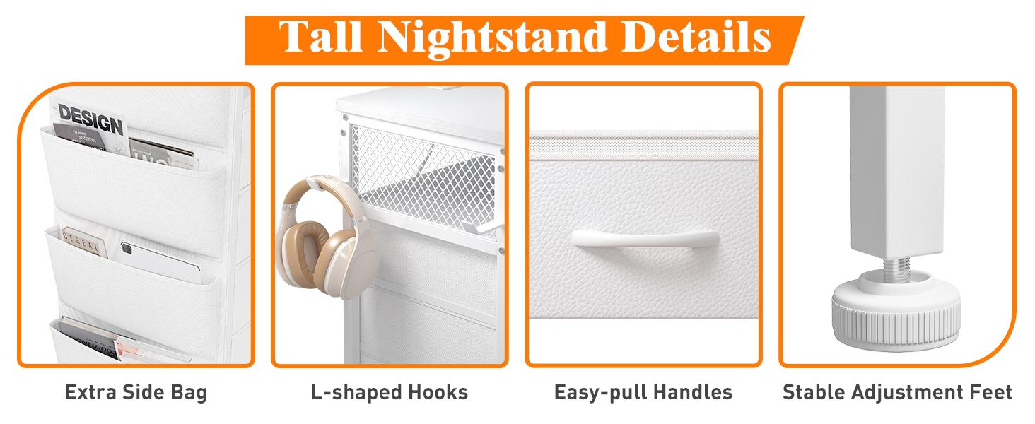 Night Stand Set 2 with Charging Station, Tall Nightstand with 5 Dresser Drawers, LED Nightstands with USB Ports & Outlets, Nightstand with Hooks, Night Stands with Storage Shelf, Bedroom