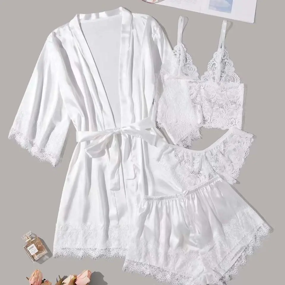 Women’s 4-Piece Satin Pajama Set - Elegant Lace Spaghetti-Strap Cami, Matching Adjustable Robe & Shorts, Soft Silky Fabric Loungewear for Home Relaxing & Vacation