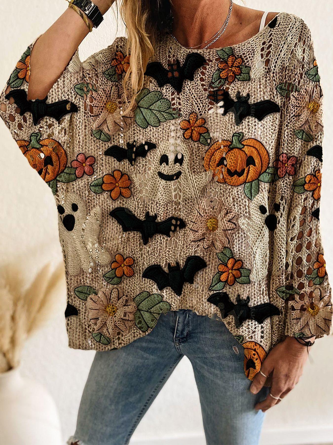 Women's Halloween Pumpkin Print Long Sleeve Knitted Top, Casual Style, Loose-Fit Batwing Sleeve Sweater, Summer & Fall Wear, Ladies Knitwear, Graphic Pullover, Womenswear