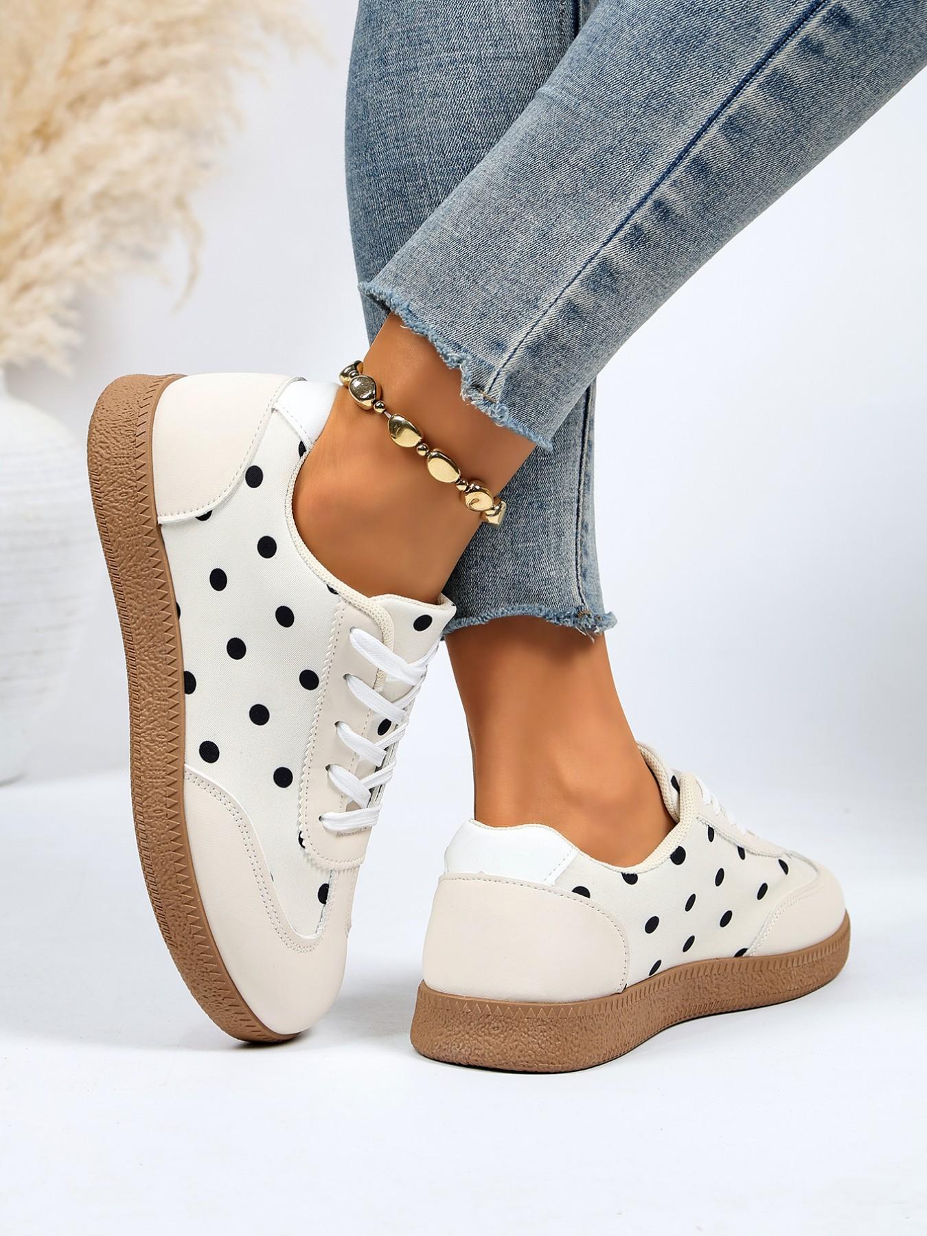 Women's Polka Dot Print Casual Board Shoes, Low Ankle Trainers, Vintage Soft Rubber Sole Lace-Up Athletic Sports Shoes, Everyday Versatile Flat Sneakers, Trending Sneakers, Walking Shoes
