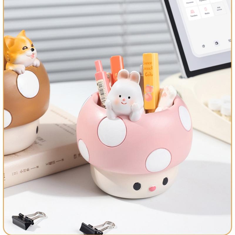 Cute Cartoon Mushroom Pen Holder, Student Desk Organizer, Multi-Functional Creative Storage Decor, Resin Succulent Plant Pot, Handmade Mini Planter, Cute Desk Accessories