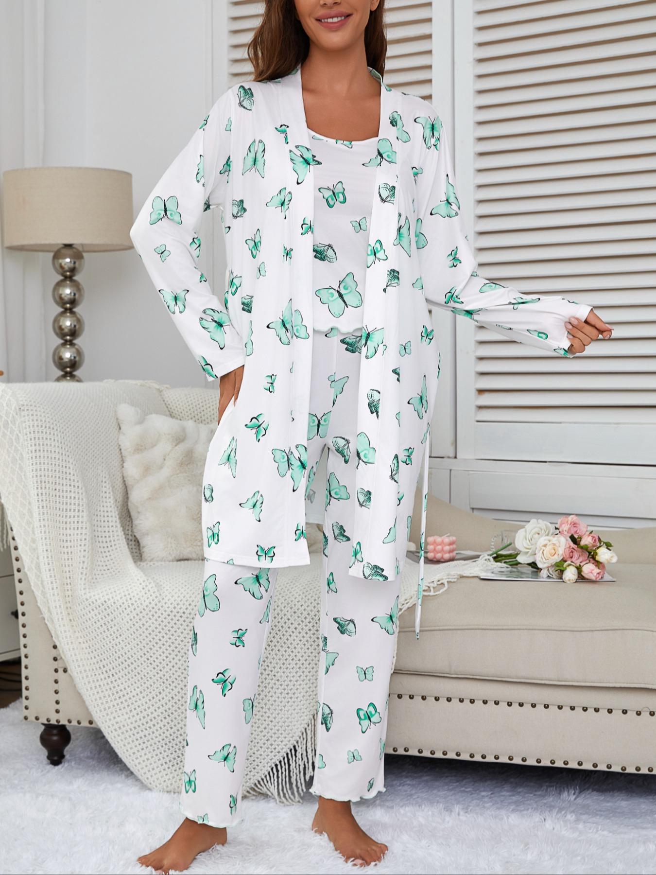 Women's Butterfly Print Robe Set with Spaghetti Strap Pants, Comfortable Casual Home Wear Loungewear, All-Season Fitted Sleepwear