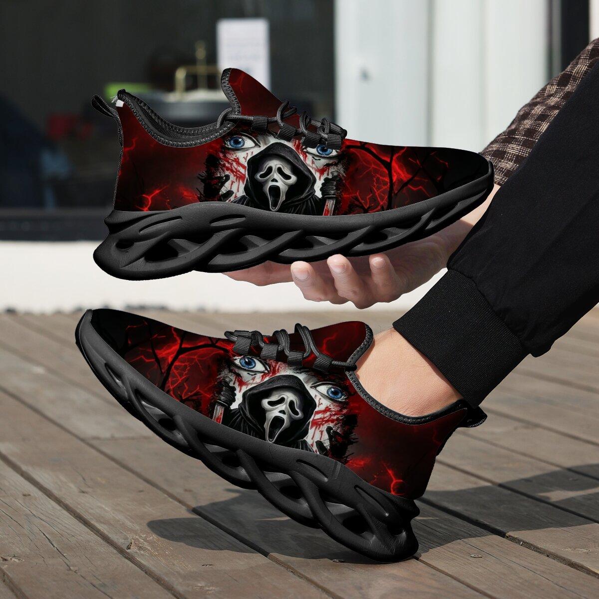 Men Women Halloween Horror Mask Print Sneakers Breathable Mesh Lace Up Blade Type Walking Shoes Lightweight Casual Sports Footwear Outdoor Walking Shoes Holiday Gift