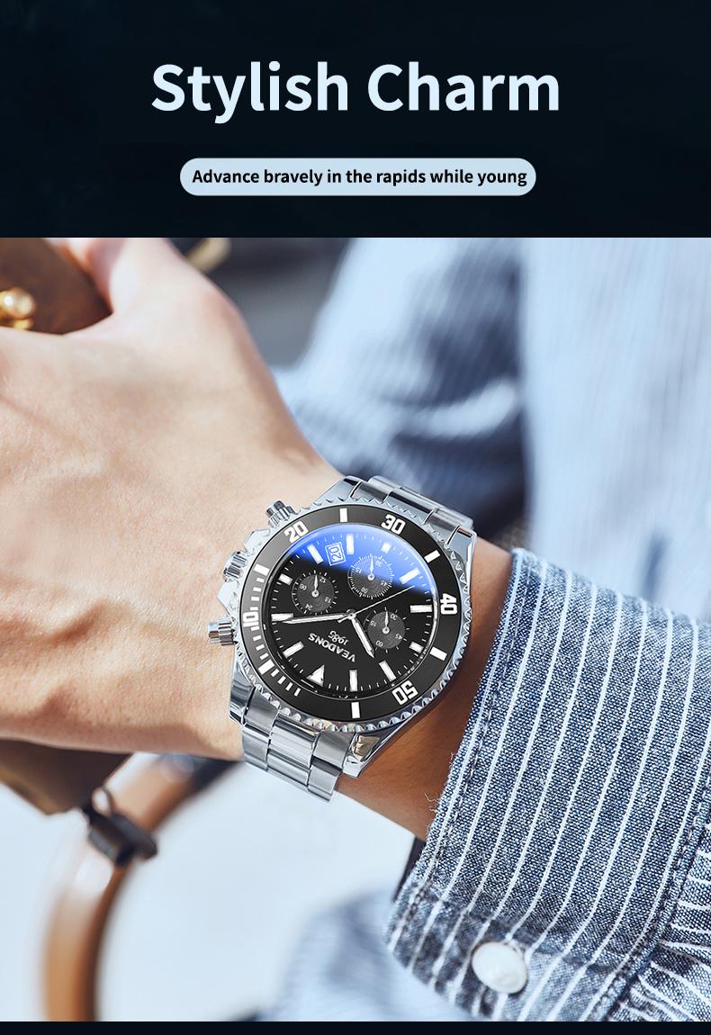 【TikTokShopStockUp】Veadons Men's Luxury Dress Watch, Green Dial, 40mm Stainless Steel Strap, Rotating Quartz Analog, Waterproof Luminous Large Dial Boss Wristwatch summer business
