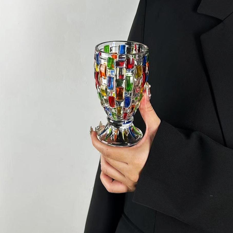 Colorful Glass Cup, 2/4 Counts Geometric Pattern Glass Cup, Juice Cup, Vintage Wine Cup, Serving Drinkware for Home Kitchen Party, Stylish Glass Cups