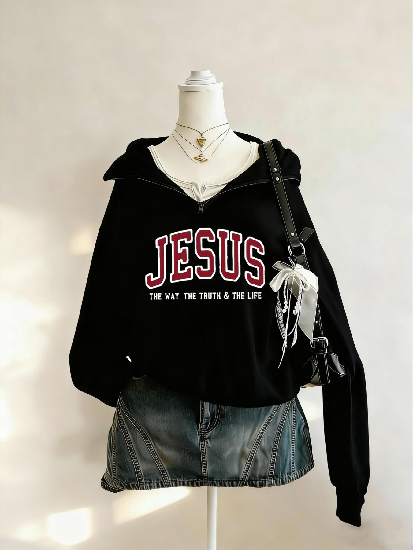 "JESUS" Aesthetic Half Zip Oversized Long Sleeve Sweatshirt, Y2K Christian Graphic Hoodie, Cozy Fleece Drop Shoulder Pullover, Vintage Washed Finish, Daily & Streetwear, Religious Print Top, Casual Pullover Tops, Womenswear