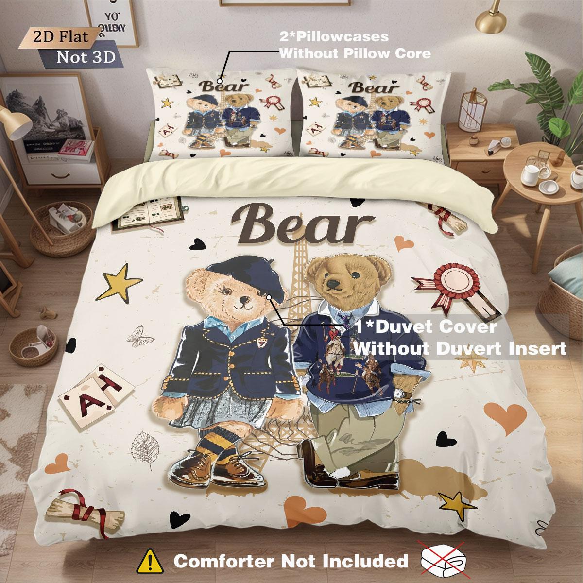 3pcs COOL BEAR Print Soft Bedding Set with Includes 1* Duvet Cover and 2*Pillowcases, No filling，Perfect for Patriotic Bedding Gift, Home Decor, Bedroom Accessories