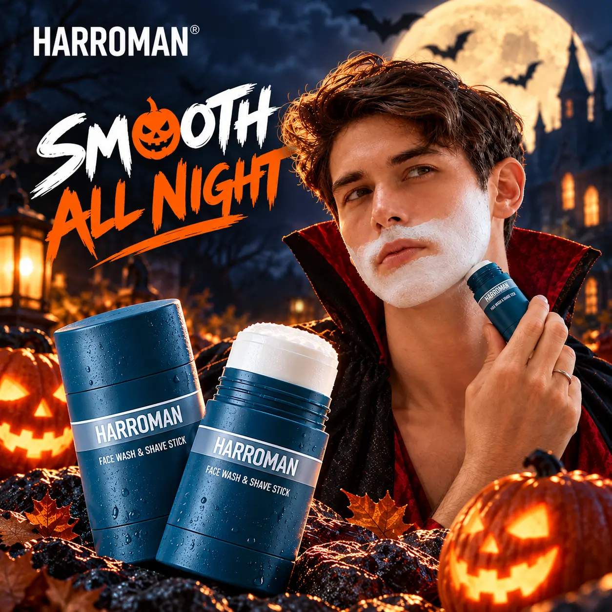 HARROMAN Men's 2-in-1 Facial Cleanser & Shaving Stick - Alcohol Free, Aluminum Free, No Harsh Additives, Ocean Fresh, Moisturizing Face Care Product with Menthol & Avocado Oil, Beard Prep, Soothe & Soften Normal Skin (40g)