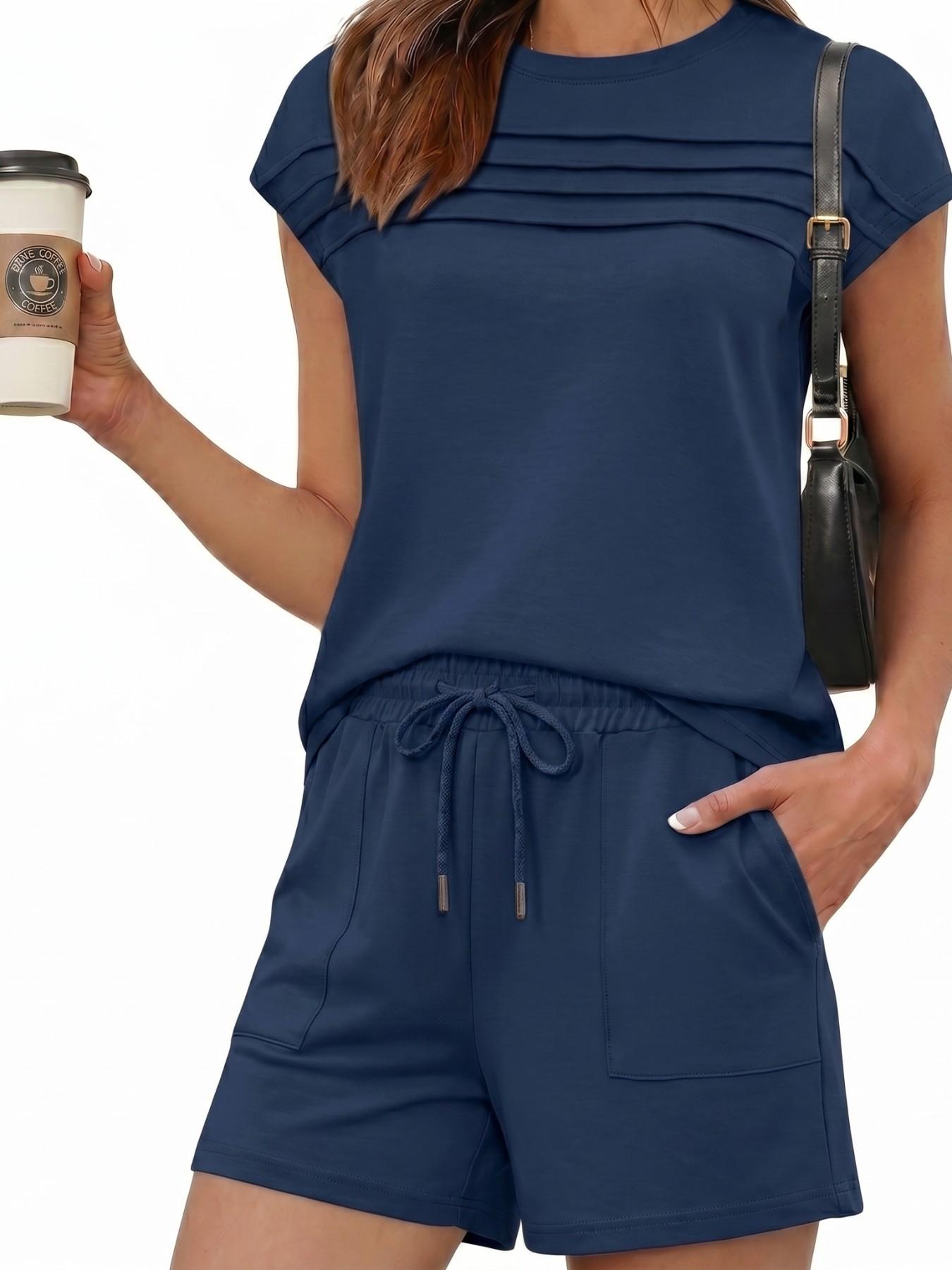 Women's Spring Summer New Casual Home Sports Two-Piece Set, Round Neck Pleated Top with Tie Shorts, Breathable Slim Fit