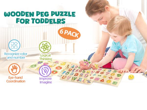 edutree Wooden Peg Puzzles for Toddlers 1 2 3 4, 6 Pack Educational Peg Puzzles Montessori Toys, Learning Puzzles for Kids Girs Boys with Alphabet Number Animal Vehicle Shape, Halloween gift