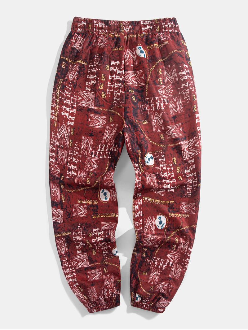 Men's Ethnic Pattern Drawstring Waist Pants, Boho Casual Comfy Trousers for Daily Wear, Men's Bottoms for Summer, Menswear