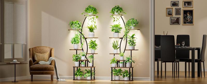 2 Pcs Plant Stand Indoor with Grow Lights - 8 Tiered Tall Plant Shelf, 65" Metal Shelves for Plants Multiple, Large Curved Half-Moon Flower Holder Stand Display Rack