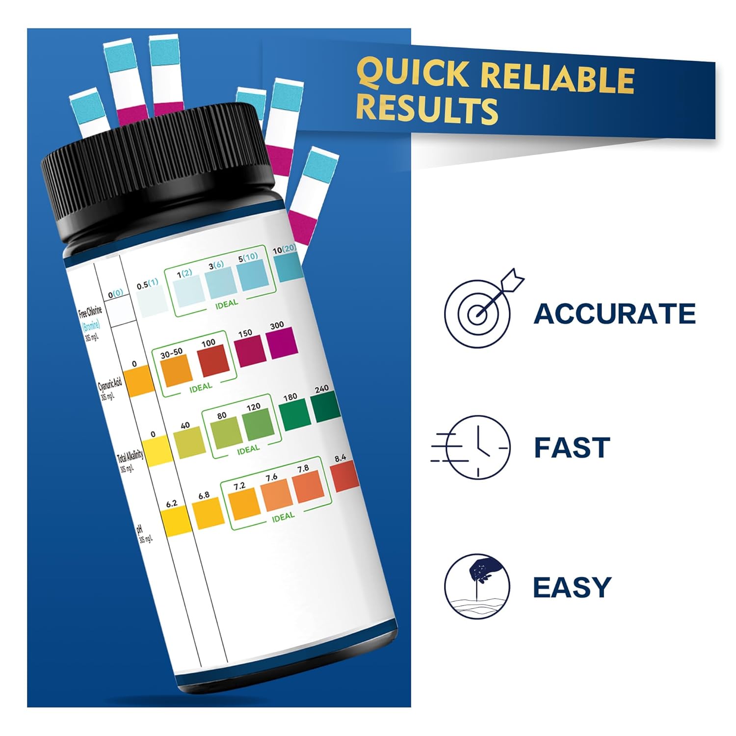 Pool Test Strips,100 Strips Pool and Hot Tub Test Strips, Swimming Pool Test Strips for Alkalinity, pH, Free Chlorine(Bromine),Cyanuric Acid-Pool Water Test -Quick and Accurate Results Pool Test Strips,100 Strips Pool and Hot Tub Test Strips, Swimming Pool Test Strips for Alkalinity, pH, Free Chlorine(Bromine),Cyanuric Acid-Pool Water Test -Quick and Accurate Results