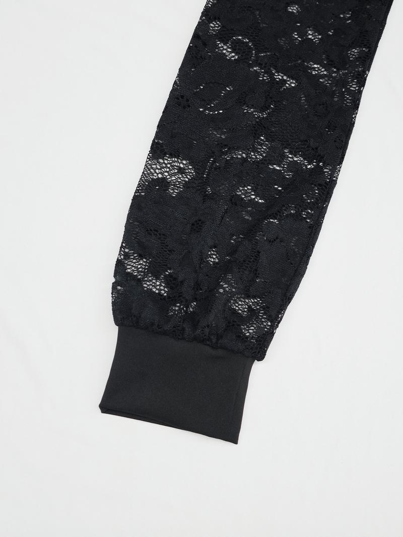 Women's Spring Autumn Fashion Knit Lace Trim Long Sleeve Top, V Neck Slim Fit Ruched Elastic Elegant Casual T-Shirt