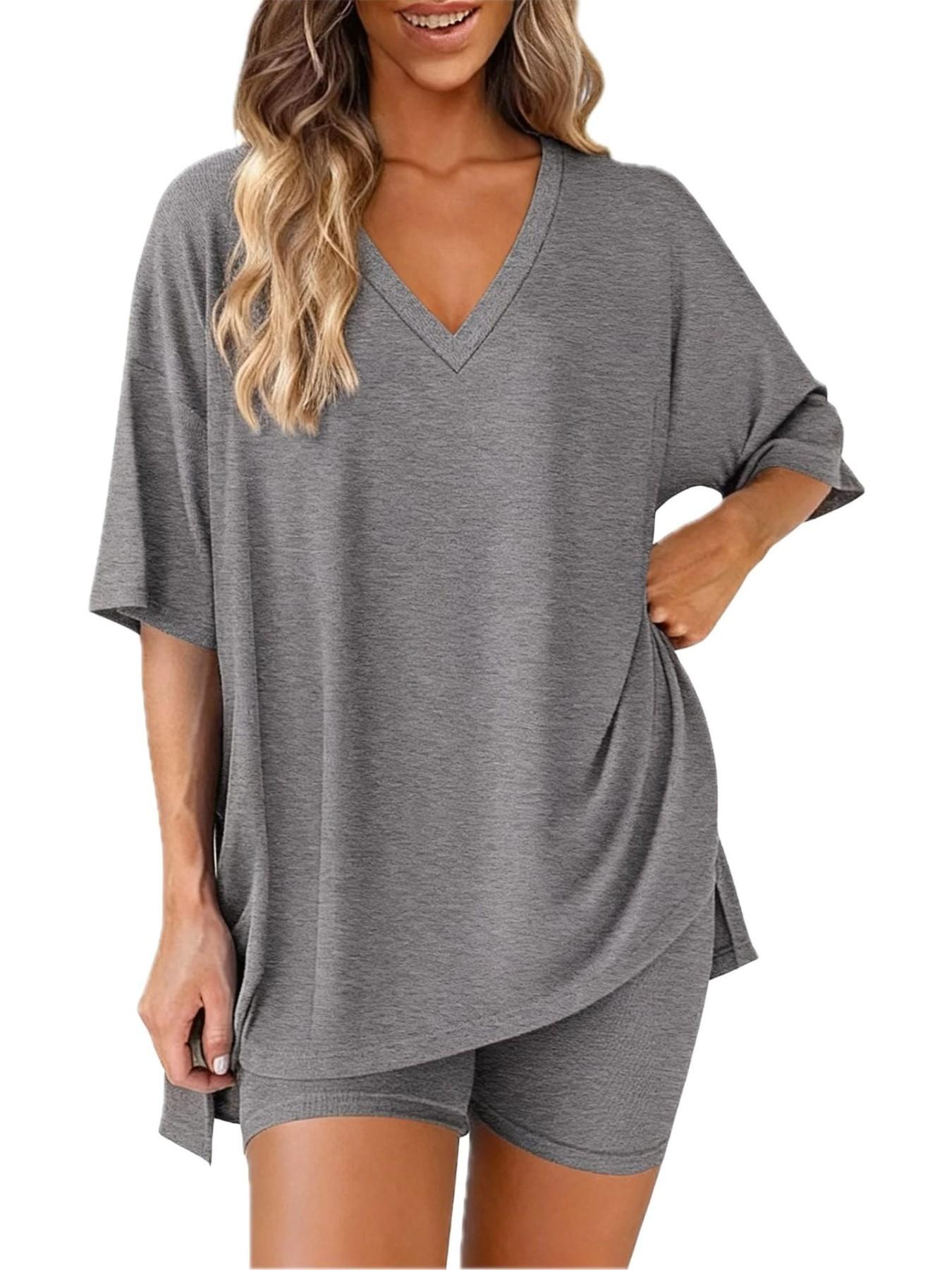 2026 V Neck 2 Piece Sets forSpringWomen Summer Loungewear Short Set SpringMatching Biker Shorts Oversized ShirtClothing
