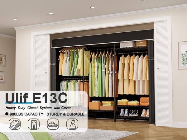Ulif Heavy Duty Closet Organization System, Freestanding Clothes Rack, Adjustable, 63"W x 16"D x 77"H, 960 lbs Weight Capacity, with Dust Cover, Black Ulif Heavy Duty Closet Organization System, Freestanding Clothes Rack, Adjustable, 63"W x 16"D x 77"H, 960 lbs Weight Capacity, with Dust Cover, Black