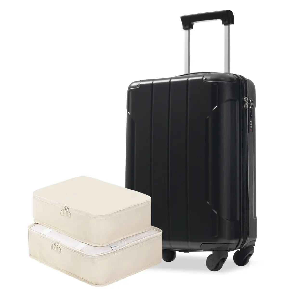20-Inch Black Rectangular ABS Plastic Hard Shell Carry On Luggage for Short Trips, TSA Lock, 3-Level Telescopic Handle, Quiet Wheels, Lightweight Travel Suitcase with Interior Divider & Packing Cubes