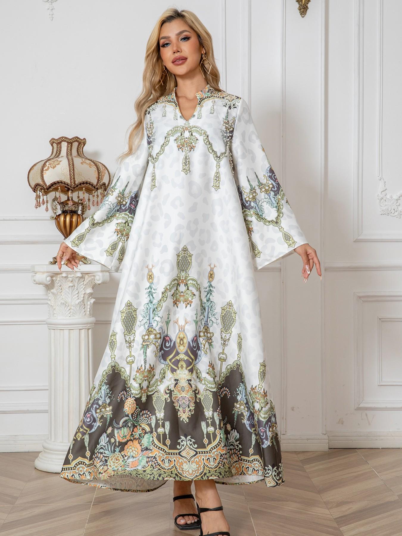 Cross-Border Muslim Robe Printed Beaded Long Dress, Abayas Rhinestone Elegant Style, Women's Fashionable Long Skirt Dress