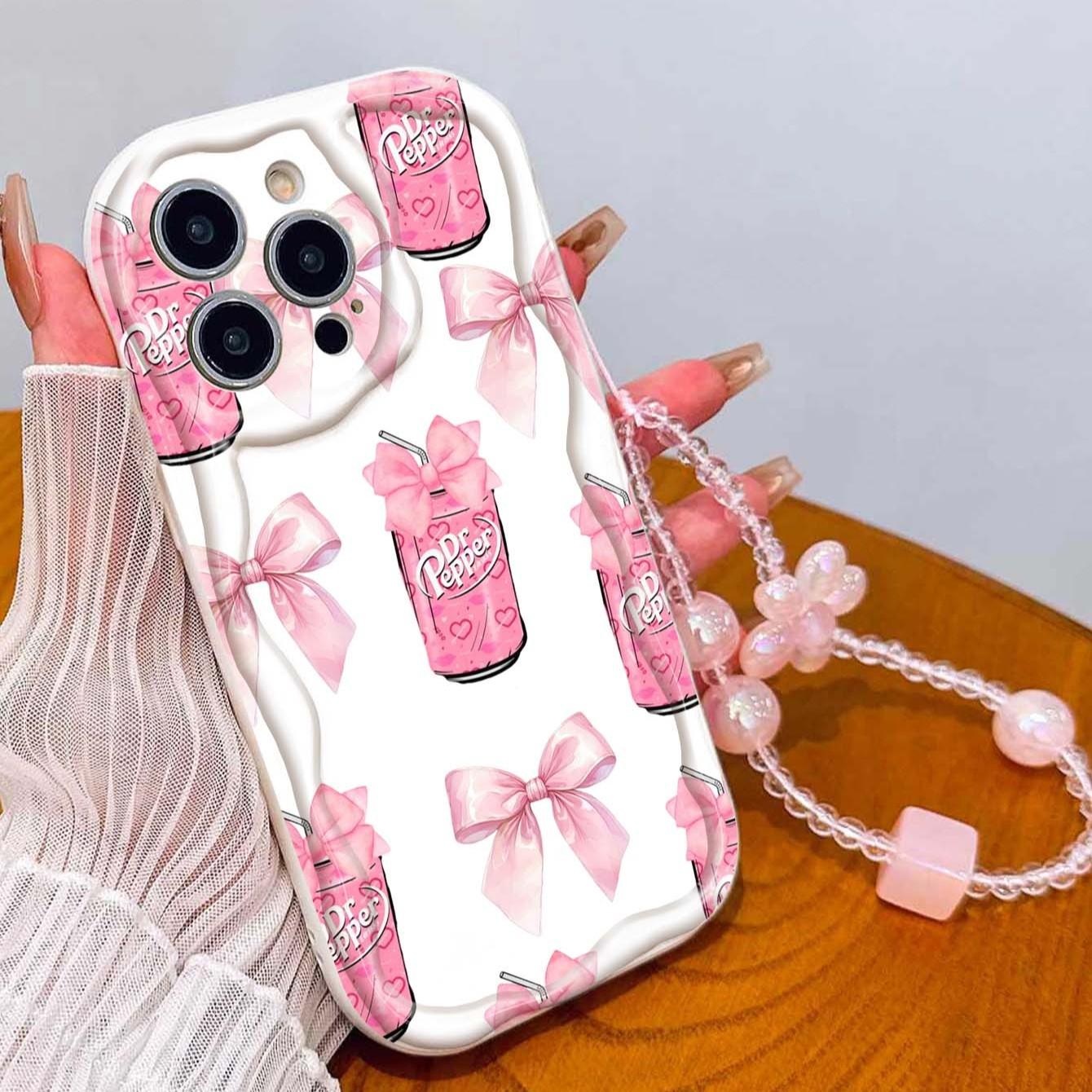 Drink Bow Strap Pattern Tpu Wave Edge Anti-Drop Phone Case for Apple iPhone 17 Pro Max/16/16 Pro Max/11/13/14/15, Girl's Gift