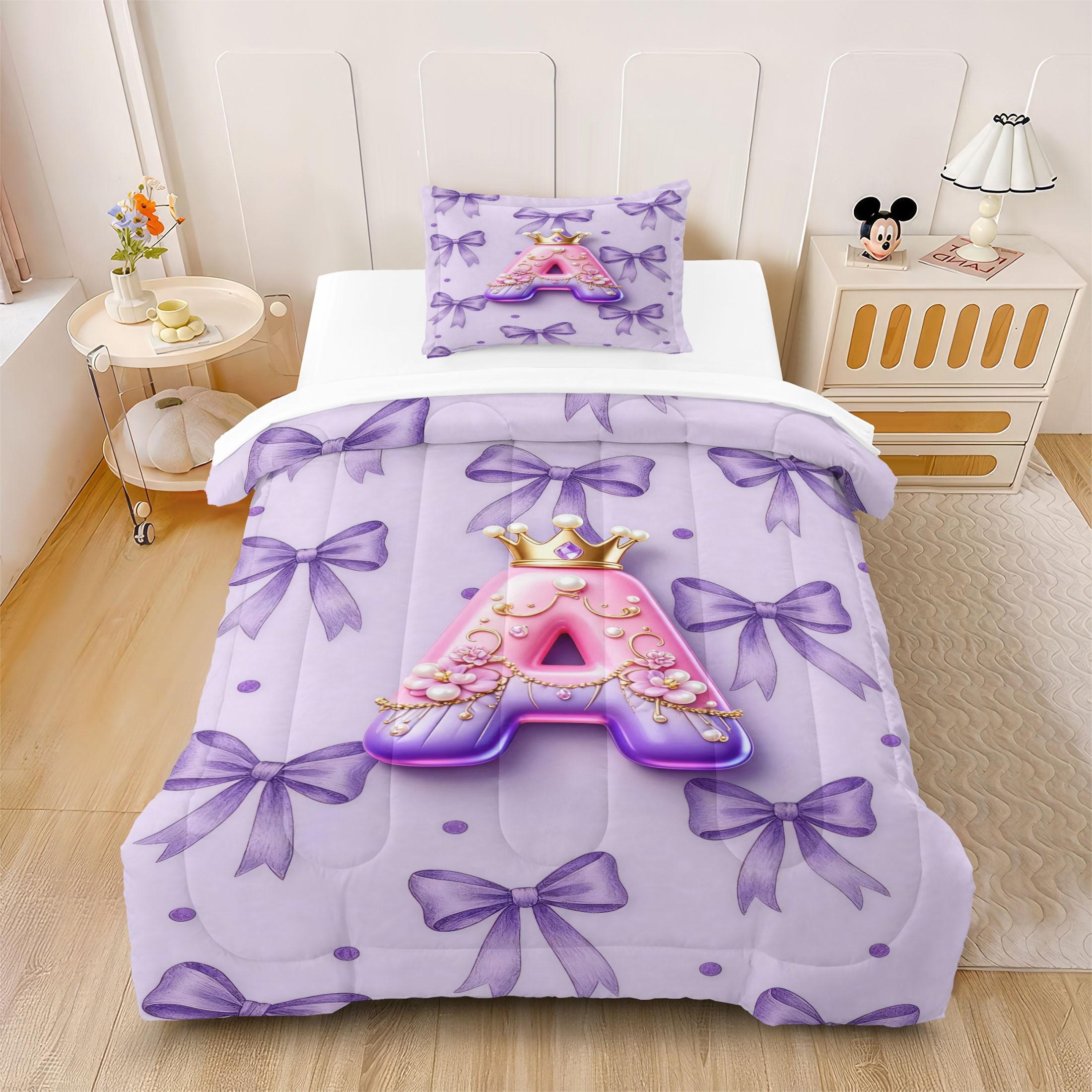 Bow Pattern Comforter Set, 3D Crown Letter Print Comfy Bedding Set, Fashion Princess Style Design, Soft and Comfortable Microfiber Material, Perfect for Girls Teenage Room Decor Home Decorating Kit, No Filler Included